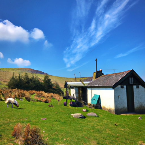 A cozy cabin in Welsh rolling hills and cows and sheep with blue skies