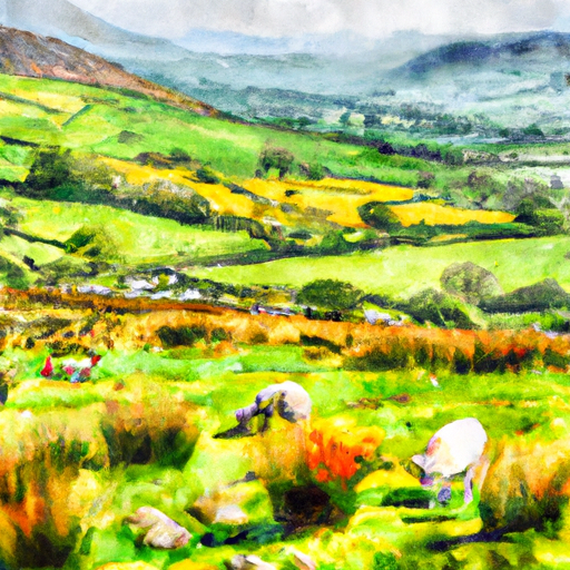 A beautiful watercolor painting of North Welsh countryside in Spring, rolling hills on the background and sheeps and flower meadows in the foreground